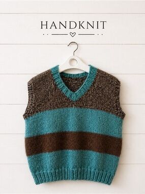 HANDMADE Striped Knit Vest – Green & Brown – Size S (Estimated)